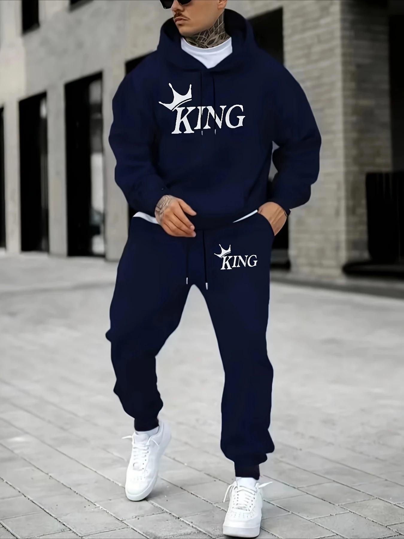 

Новая мужская толстовка с капюшоном и принтом KING, спортивные штаны на шнурке, осенне-зимний теплый комплект