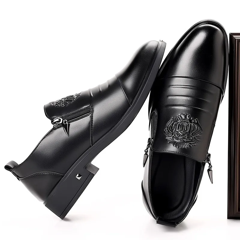 Spring Autumn Fashion Casual Men's Derby Shoes Solid Color New Designer Dress Shoe Male Round Head Zipper Leather Shoes Man image 4