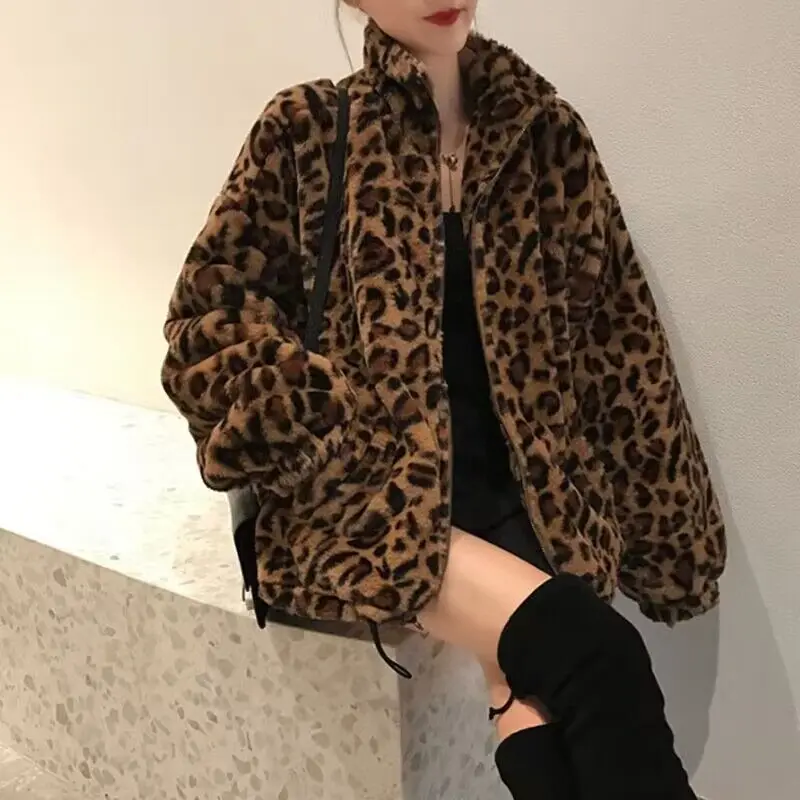 Womens Leopard Print Short Coat Casual  Fleece Zipper Jacket Autumn Winter