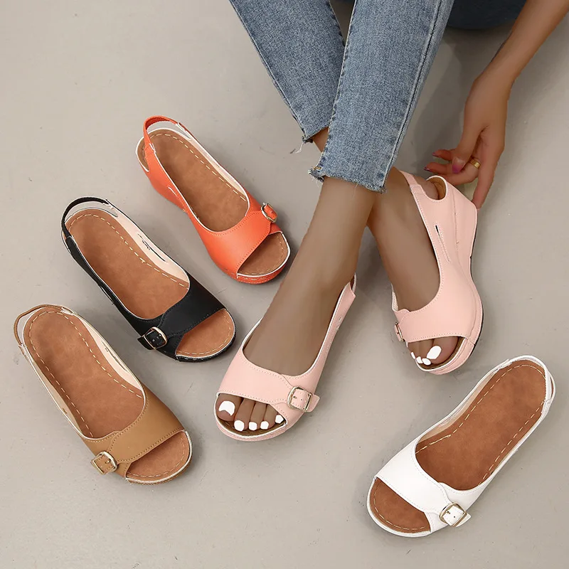 Buckle Low Sandals Woman Leather Clogs Wedge Open Toe Spring Shoes Suit Female Beige Summer Heels Large Size Low-heeled Platform