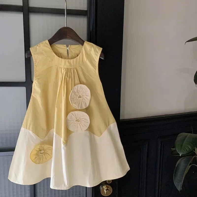 

Summer New Floral Decorated Vest Dress for Children, Color Block Casual Dress for Girls, Stylish Toddler Fashion