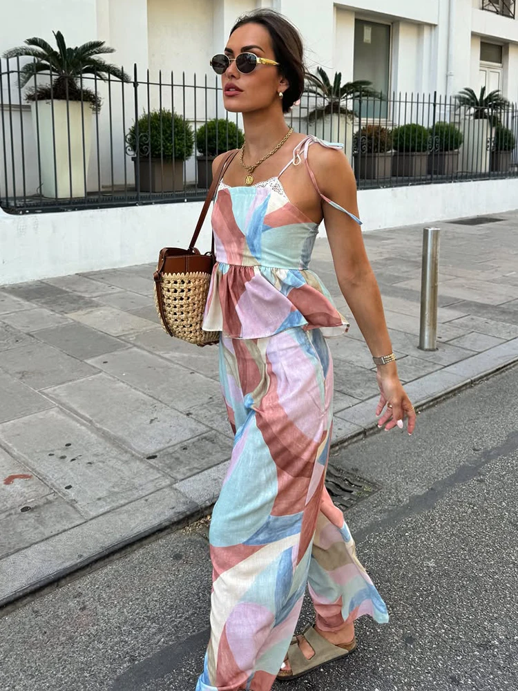 HH Fashion 2026 Summer Boho Printed Camisole Pants Set Women's Lace Lace-up Backless Top+ Lace Trim Wide Leg Pants 2 Piece Set - view 3