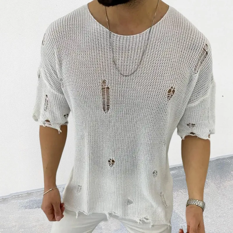 2024 Summer New Men\'s Solid Color Sweater Round Neck Short Sleeve Hollow-out Pullover Sweater Top Shirts