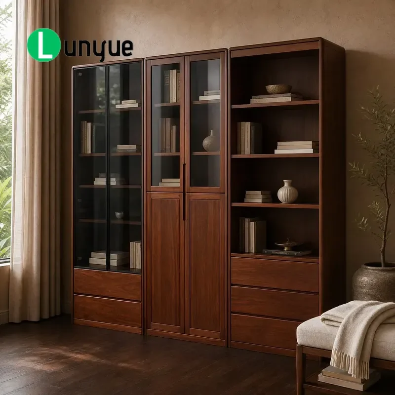 Solid Wood African Ebony Bookcase with Glass Door 4-5 Layer Dustproof Storage Shelf Custom Color for Living Room Office Home