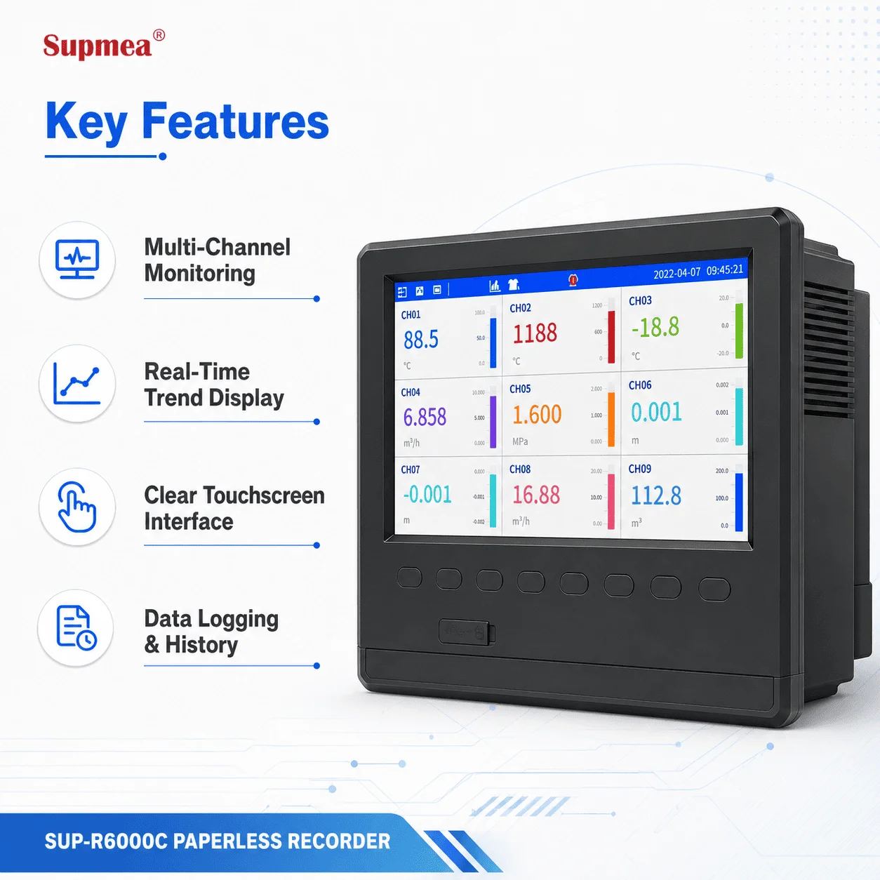 Industrial Paperless Recorder CE Approved for Chemical Plant Track Reactor Temperature and Pressure Records
