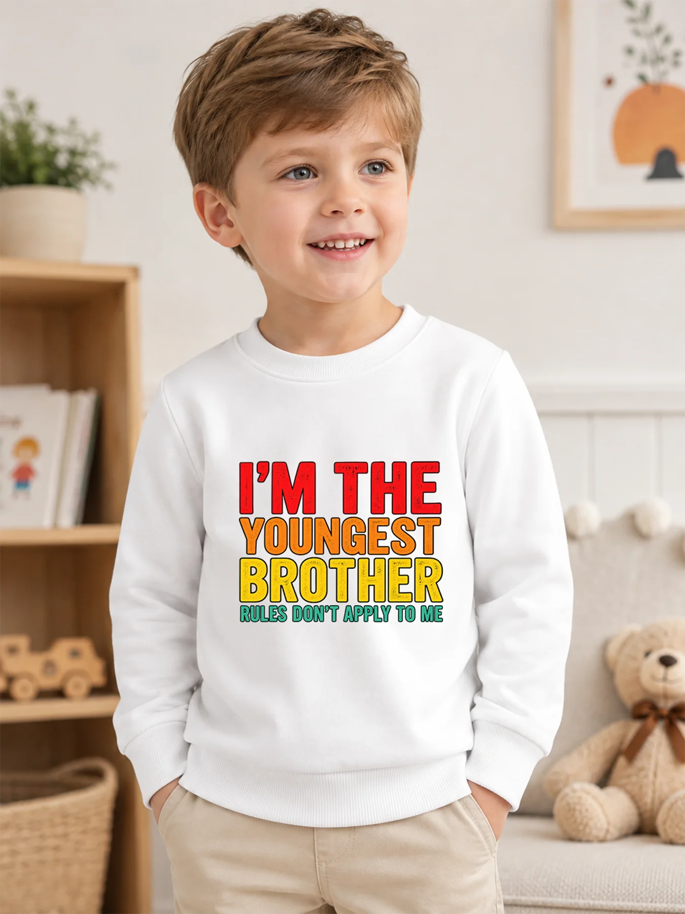 Boys I'm The Youngest Brother Letter Print Sweatshirt Kids Cotton Crew Neck Pullover Autumn Long Sleeve Tops Funny Slogan Tops