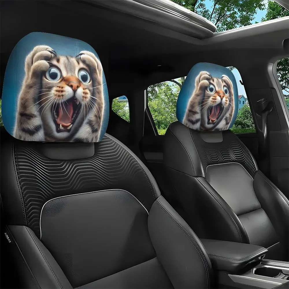 A Set Of Two Cute -Themed Car Headrest Covers Featuring A Startled Print, Designed For All-Weather Comfort. These Personalized C