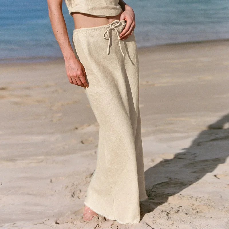 Women'S 100% Linen Fishtail Skirt Summer High Wasit Tie Solid Color Casual Fashion Holiday Beach Mid-Length White Black Skirts