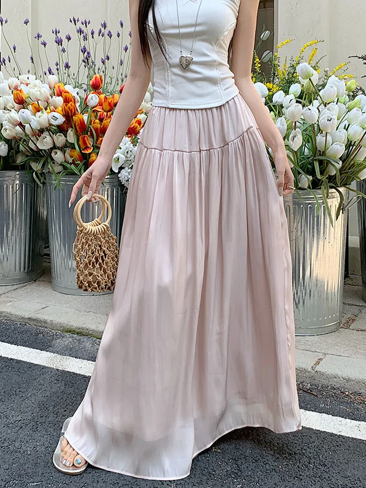 Fashion Elegant Long Skirt Women Spring Summer Chic Office Lady A Line Skirts Female High Waist Korean Folds Loose Casual Skirt