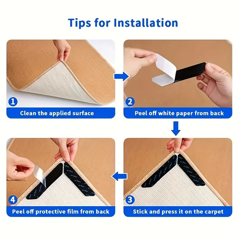 4pcs L-shaped anti slip carpet clip sticker, anti slip carpet corner rubber pad, used for safety and floor protection