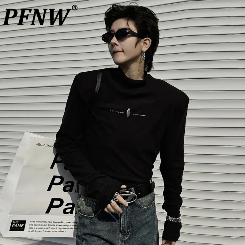 

PFNW Men's Wear 2024 Summer Autumn T-shirt Long Sleeve Letter Pattern Mock Turtleneck Slim Male Tops Trend New Stylish 9C4150