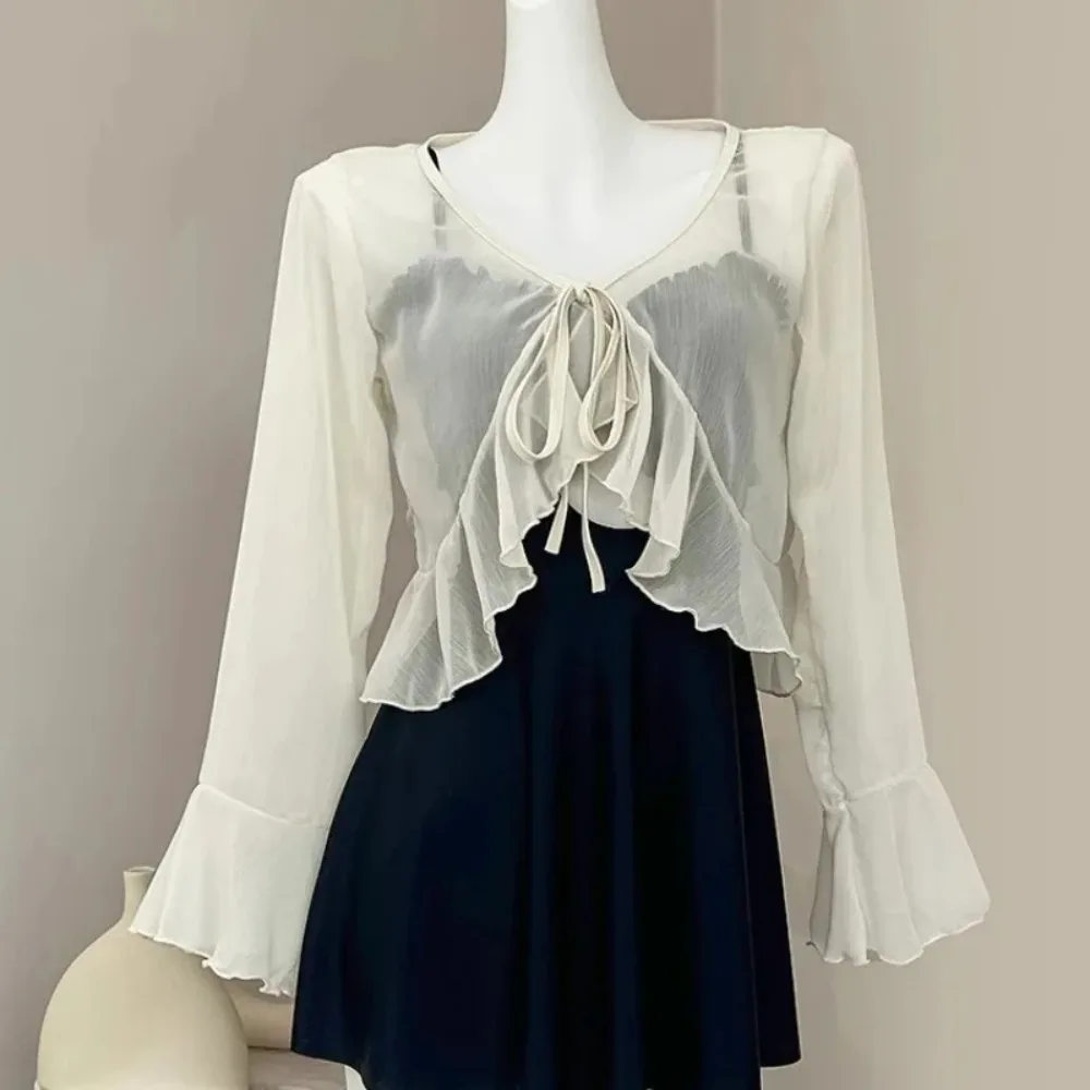 

Однотонное женское летнее солнцезащитное пальто с кружевным бантом и рюшами, кардиган, рубашка, женская блузка, топы для женщин, корейская рубашка Blusa Y2K