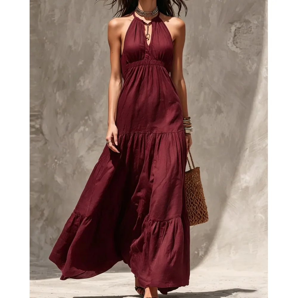 

Elegant Halter Neck Maxi Dress Women Summer Boho Backless Tiered Ruffle Long Dress Casual Beach Party Sundress Bohemian Gown