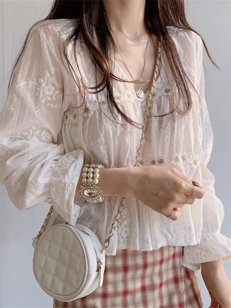 Dulce V-Ne encaje irt coreano Sle suelto nueve puntos Bell Sve mujer verano Faionable Top viaje Sle bordado