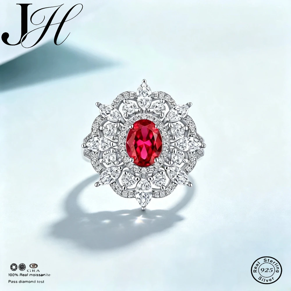 JH Moissanite Ring For Women 925 Sterling Silver Engagement Ring Red Lab Gemstone Luxury Jewelry Gift Ultra-Ornate Retro Style