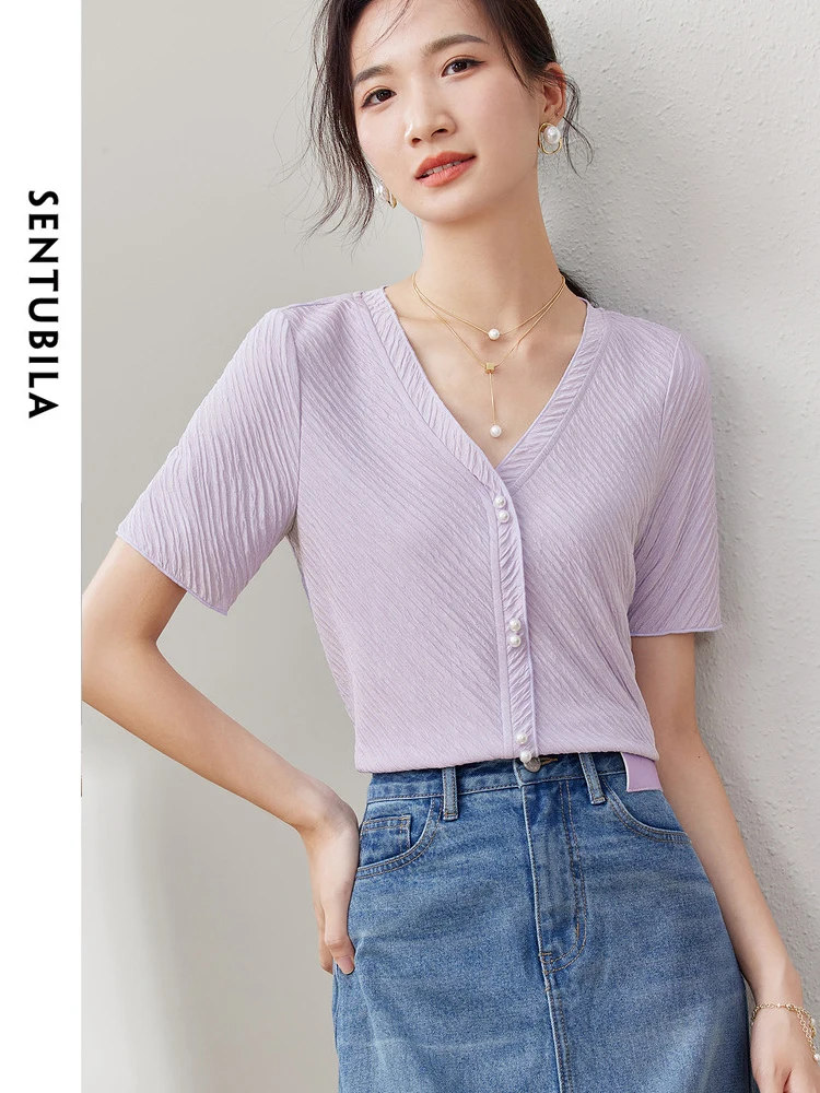 SENTUBILA Summer Knitted Tops Thin Sweater for Women 2024 Elegant Chic V Neck Short Sleeve T Shirts Female Knitwear 132T48077