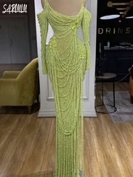 Luxury Off the Shoulder Evening Dress Pearls Straight Customized Gown Sexy Tassel Beading Prom Dresses Vestidos De Novia