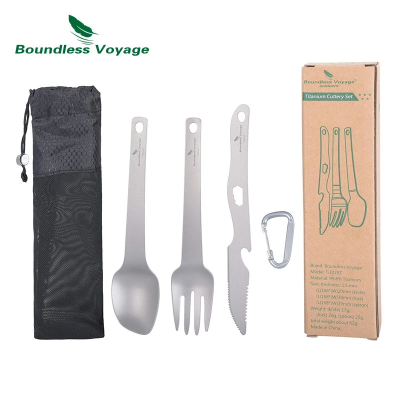 Boundless Voyage Titanium Cutlery Set Ultralight Utility Flatware Utensil Spoon Fork Knife for Home Use Travel Camping 3 Pcs Set