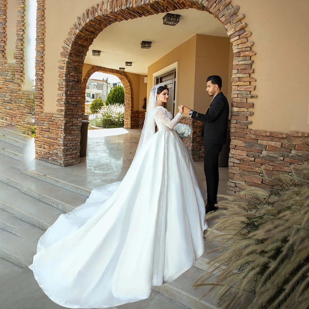 

Luxury Wedding Dresses Long Sleeve Square Collar for Bride Dress with Beading Draped Sweep Train Church Bridal Gown Customized