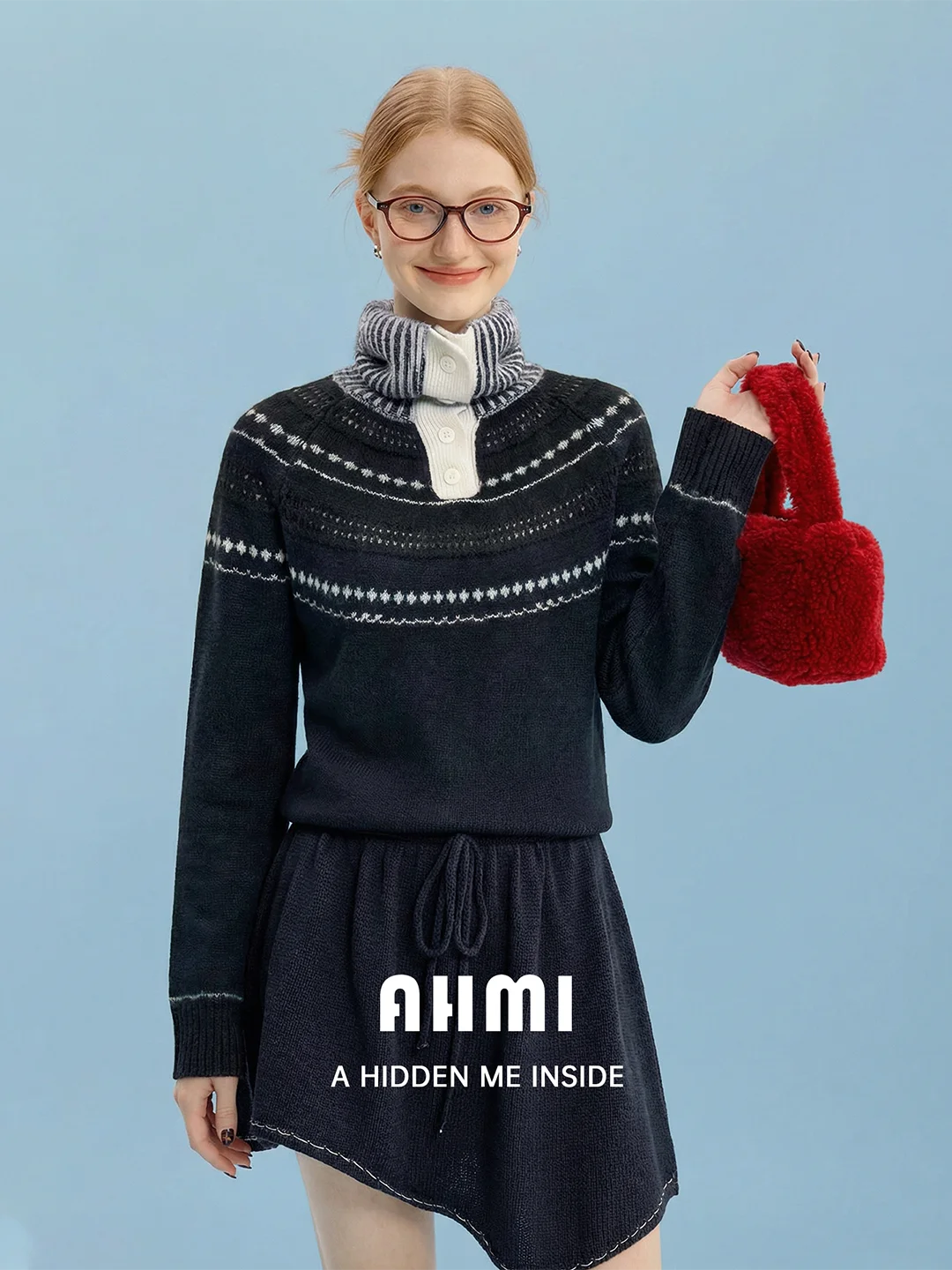 

AHMI "i " Asymmetrical High Collar Knitted Dr Autumn Winter Slimming A-Line ort Skirt for Teen Girls