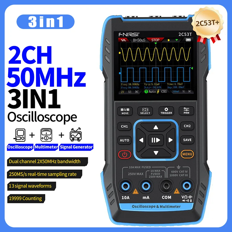 FNIRSI 2C53T Three In One Oscilloscope Multimeter Signal Generator 50MHz Bandwidth 250MS Rate Dual Channel 20000 Count 2C23T