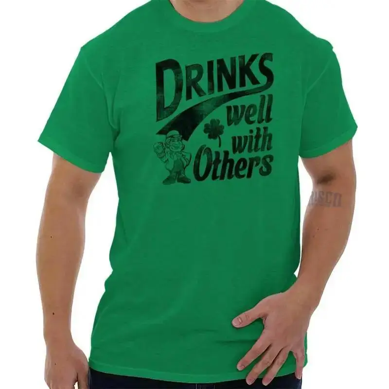 Drinks Well With Others Funny St Patty s Day Crewneck T Shirt Tee Men or Women