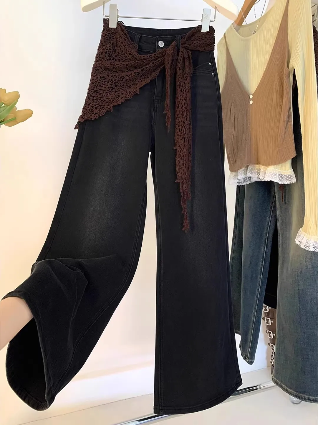 

Черные широкие джинсы, женские осенние джинсы с высокой талией, прямой крой, длинные брюки, драпированные, повседневные, без стрейч-элемента