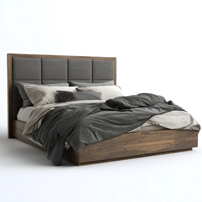 #Italian Design Solid Teak Wood Fabric King Bed With Convertible Storage Modern Simple Soft-Packed Backrest