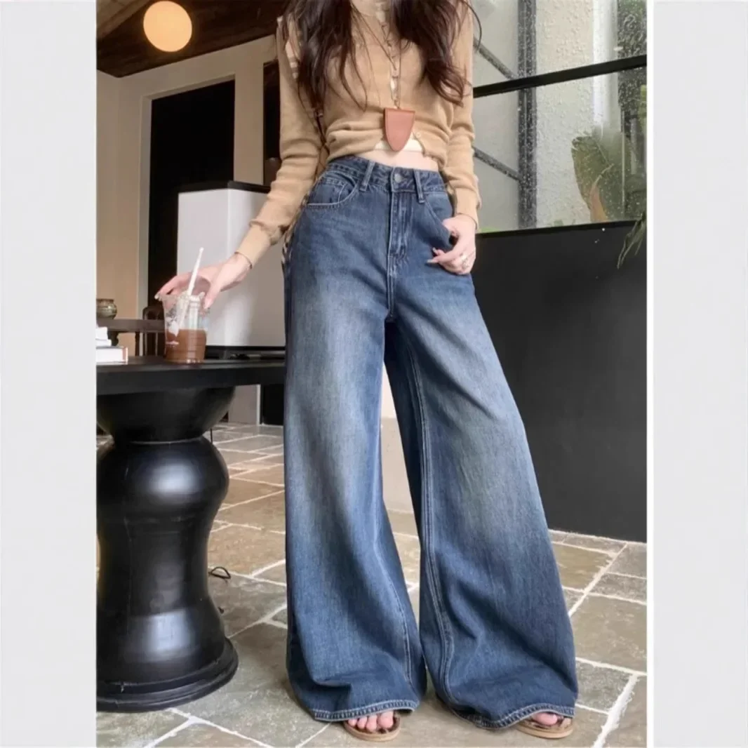 

PopPopRetro High Waist Wide Leg Jeans Women's Fashionable Washed Denim Pants Loose Design Sensation Floor-Length Trousers