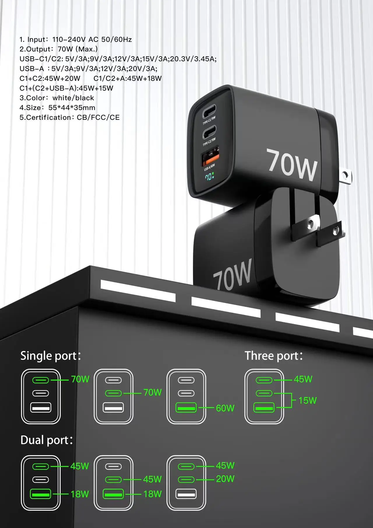 70W 3-Port Yellow&Black Charger With LED Display USBC Super Fast Charging Adapter US/EU/UK/KOREAN Portable Wall Charger Compatib