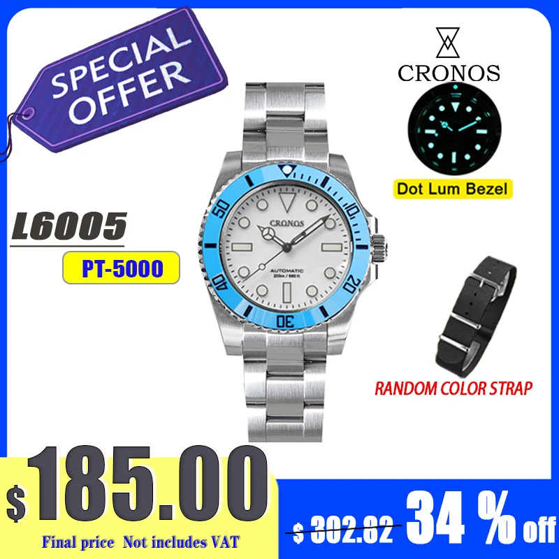 

Cronos Sub Diving Men Automatic Mechanical Watch No Date PT5000 Brushed Bracelet Ceramic Bezel 200m Waterproof Glideclasp L6005M