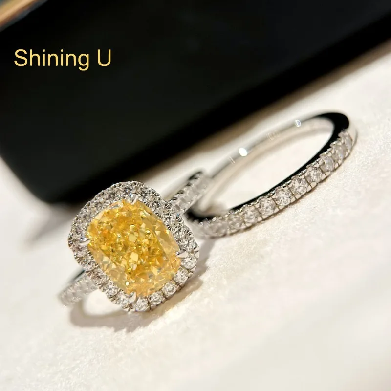 

Shining U S925 Silver Yellow Zircom Gems Ring Bridal Sets for Women Fine Jewelry Wedding
