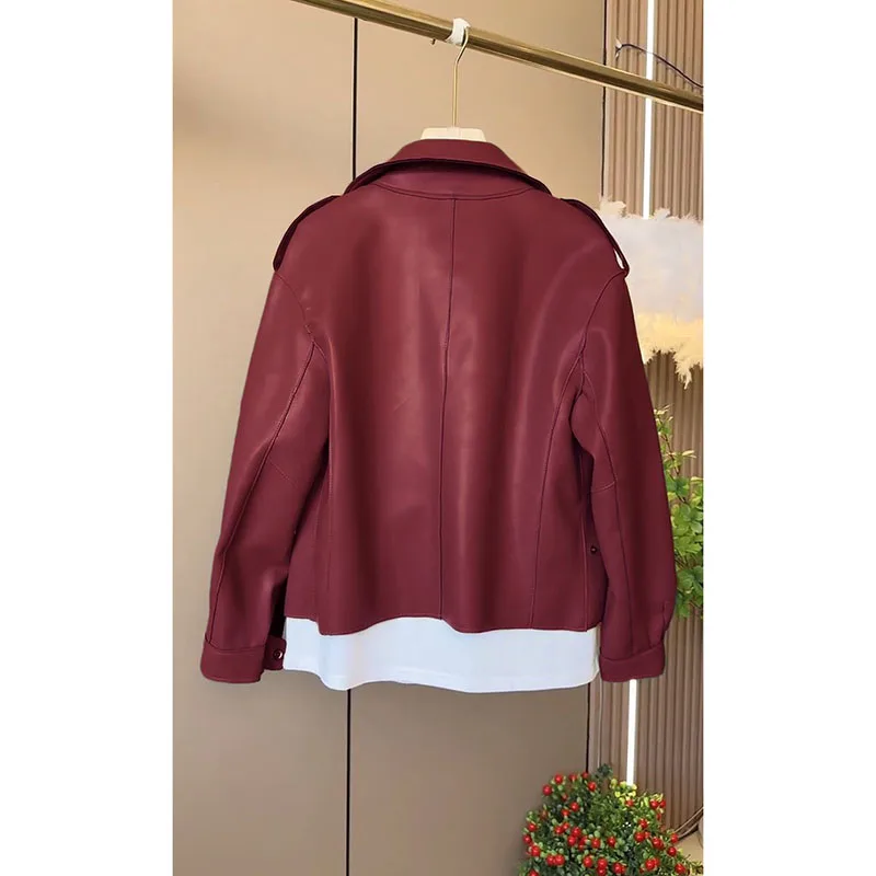 SpringAutumn Korean PU Leather Jacket Women 2024 New Short Leather Jacket Outwear Female Fashion Long Sleeve V-Neck Leather Coat