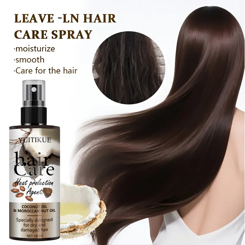 ​ YUITIKUE Spray protector térmico sin enjuague con aceite de coco y marroquí: hidrata y suaviza el cabello seco y dañado, boquilla de fácil presión