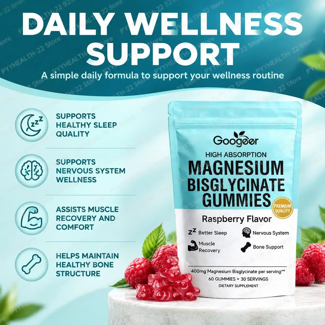 Magnesium Bisglycinate Gummies, with Vitamin D3 Zinc, Support Sleep, Nervous System Muscle Recovery, Raspberry Flavor 60 Gummies