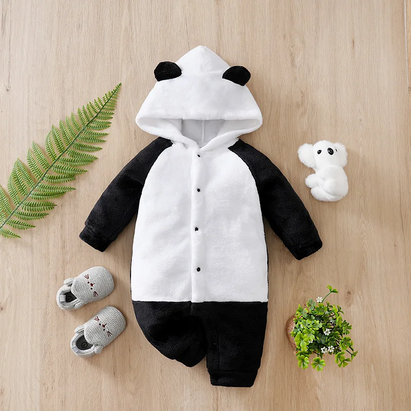 Newborn Cartoon Winter Clothes Panda Ears Hooded Jumpsuit Warm And Thick Plush Baby Boys And Girls Clothes Snow Clothes