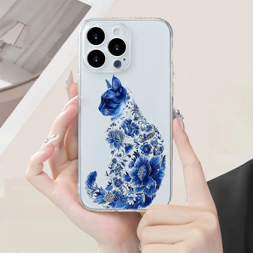 حافظة هاتف شفافة من مادة TPU على شكل زهرة زرقاء لهاتف آيفون 16، 15، 14، 13، 12، 11 Pro Max/Plus/Mini XR/XS/X MAX/7 8G Plus