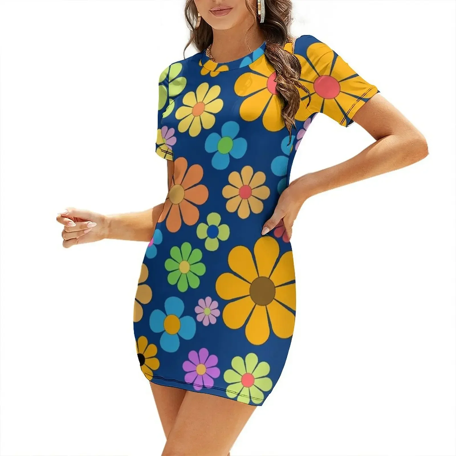 

Flower Power- Retro 60s 70s flowers Short-Sleeved Dress elegant guest wedding dress party dresses women