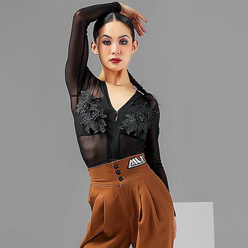 Sexy Mesh Latin Dance Tops Ballroom Tango Dancing Practice Clothes Lace Flower Long Sleeve ChaCha Performance Costume YS4486