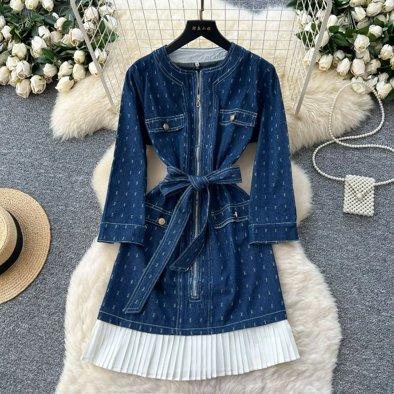 

Women Denim Dress Zipper Spliced Belt Long Sleeve Round Neck Dresses Folds Patchwork Casual Vestidos Office Lady Autumn