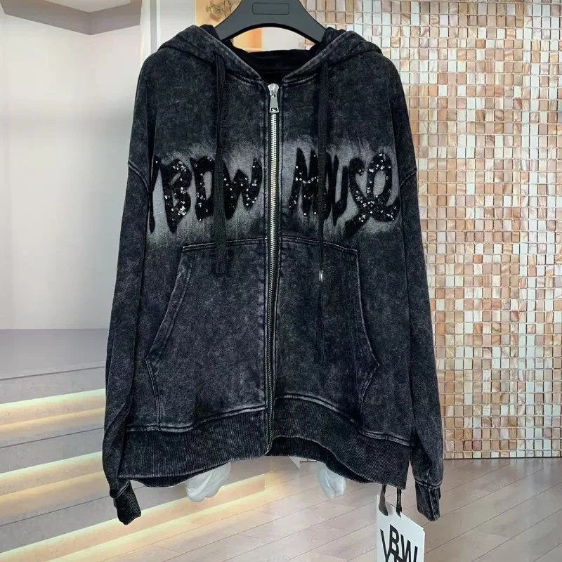 Popular 2025 New Autumn Winter Hooded Sweatshirts Fashion Heavy Industry Embroidery Cartoon Loose Zipper Hoodies Jacket Ladies