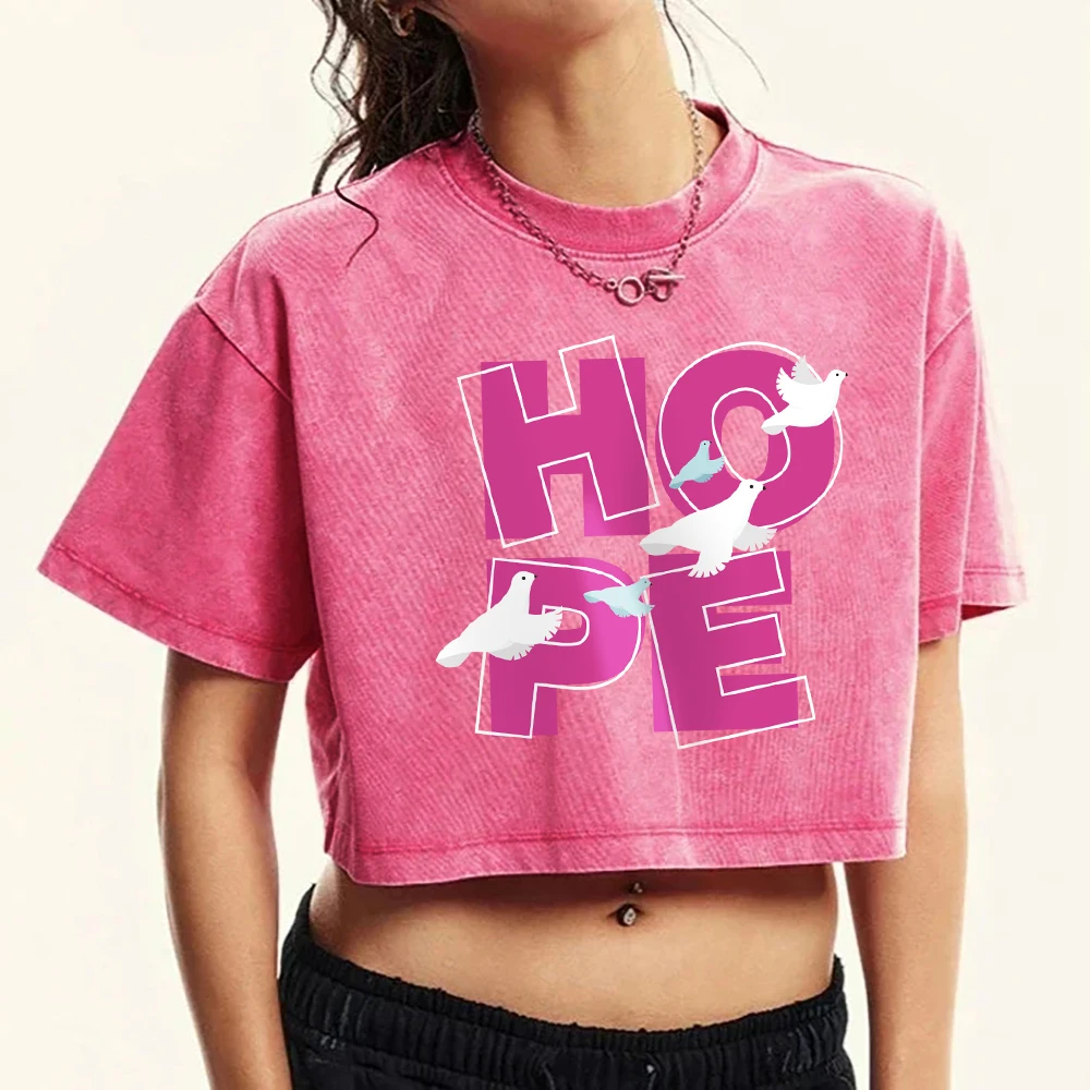 Hope Pigeon Pink Letter Printing Womens Washed Crop T-Shirts Retro Cotton Tee Shirt Fashion Casual T Shirts Crewneck Slim Tops