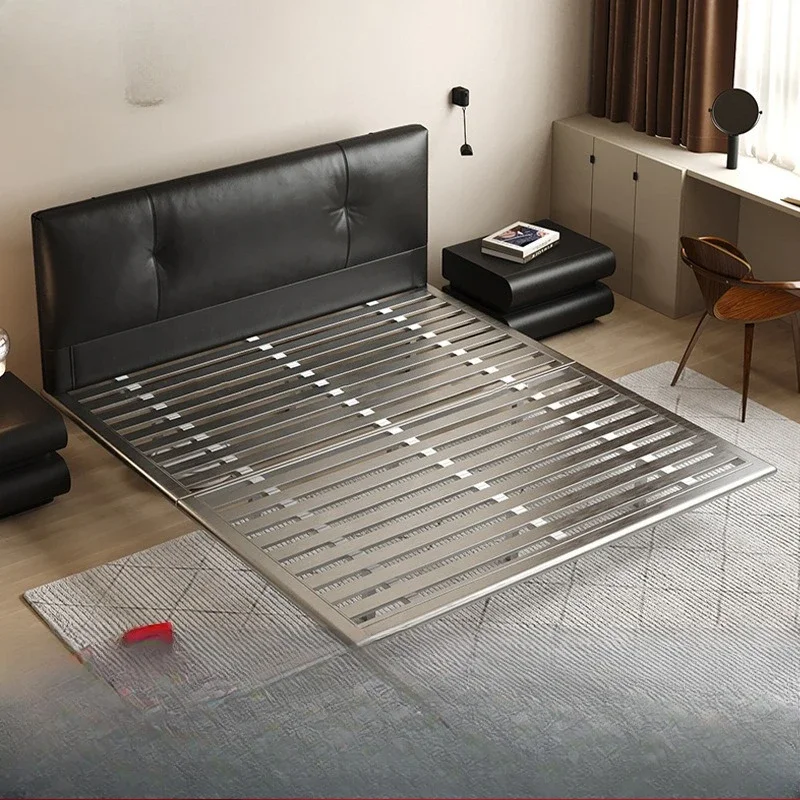 Italian leather bed, master bedroom minimalist suspension bed, stainless steel shelf bed