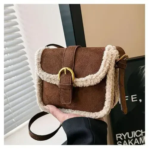 Fashion Lamb Wool Patchwork Square Bag for Women Autumn Winter Popular Furry Handbag Cute Female Crossbody Bag Bolsos De Mujer