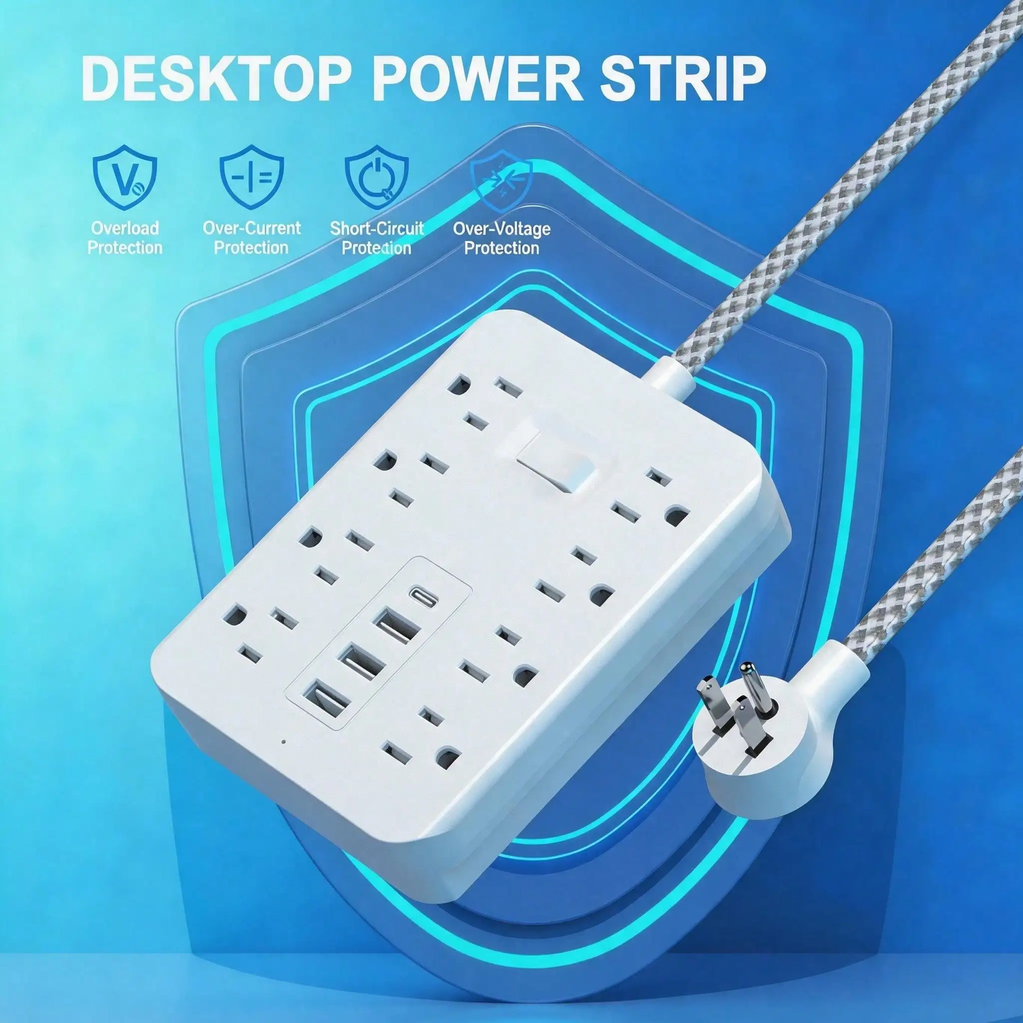 12-in-1 Surge Protector Power Strip with 8AC Outlets,4USB (1 Type-C Ports) | 5FT Compact Multi-Plug Braided Outlet Extender