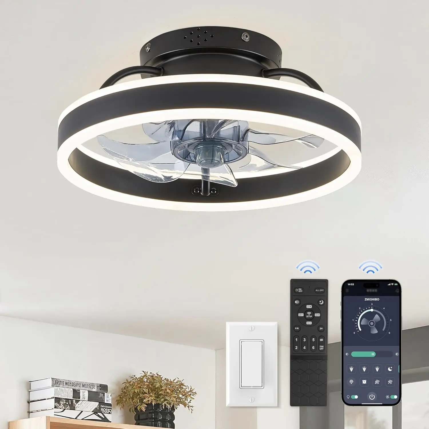 Low Profile Ceiling Fans With Lights And Remote, Modern Flush Mount Ceiling Fan, Dimmable Led Small Fan Light, 13 Inch