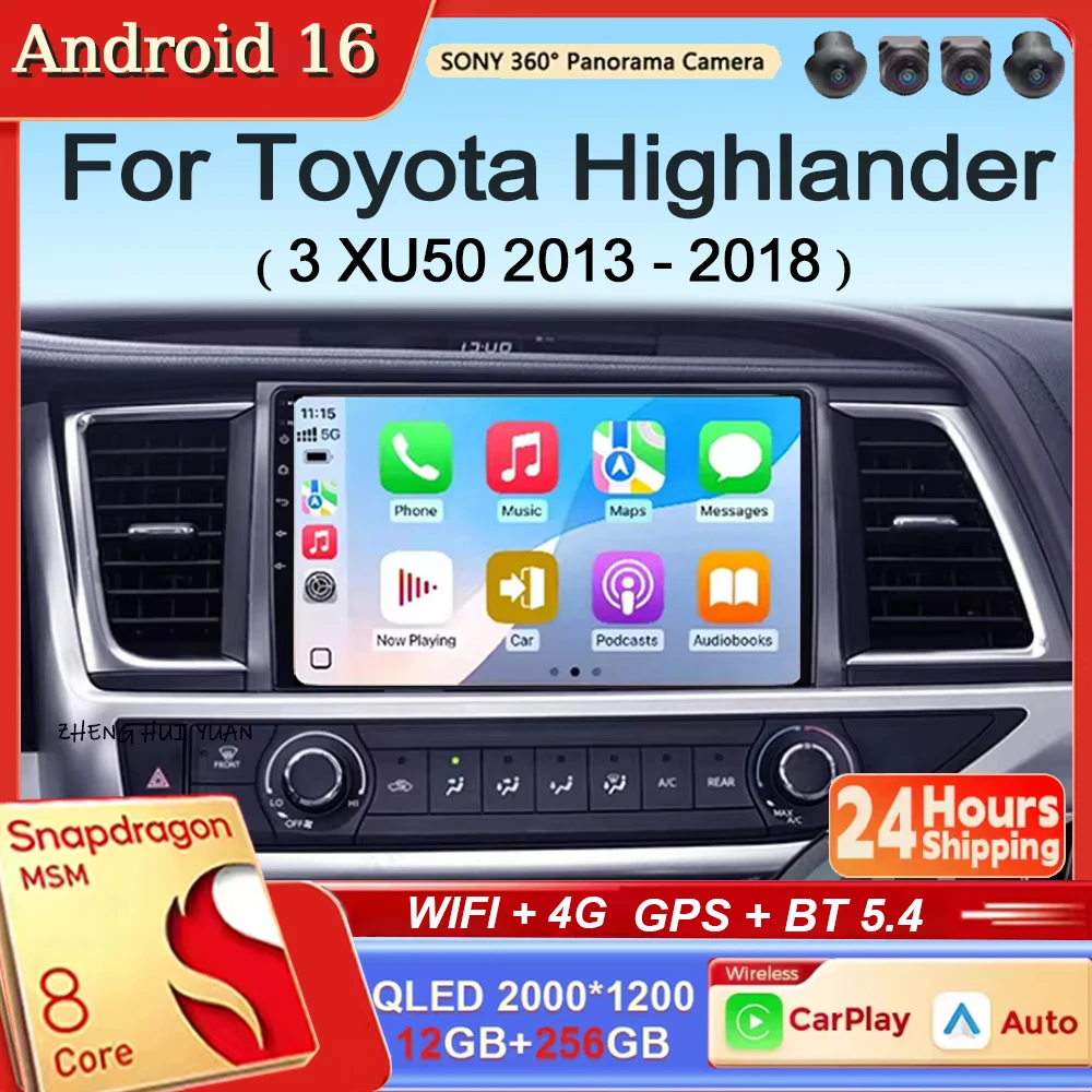 Android 16 CarPlay&Auto Für Toyota Highlander 3 XU50 2013 - 2018 Autoradio Stereo GPS Navigation Multimedia Player Drahtloses WIFI