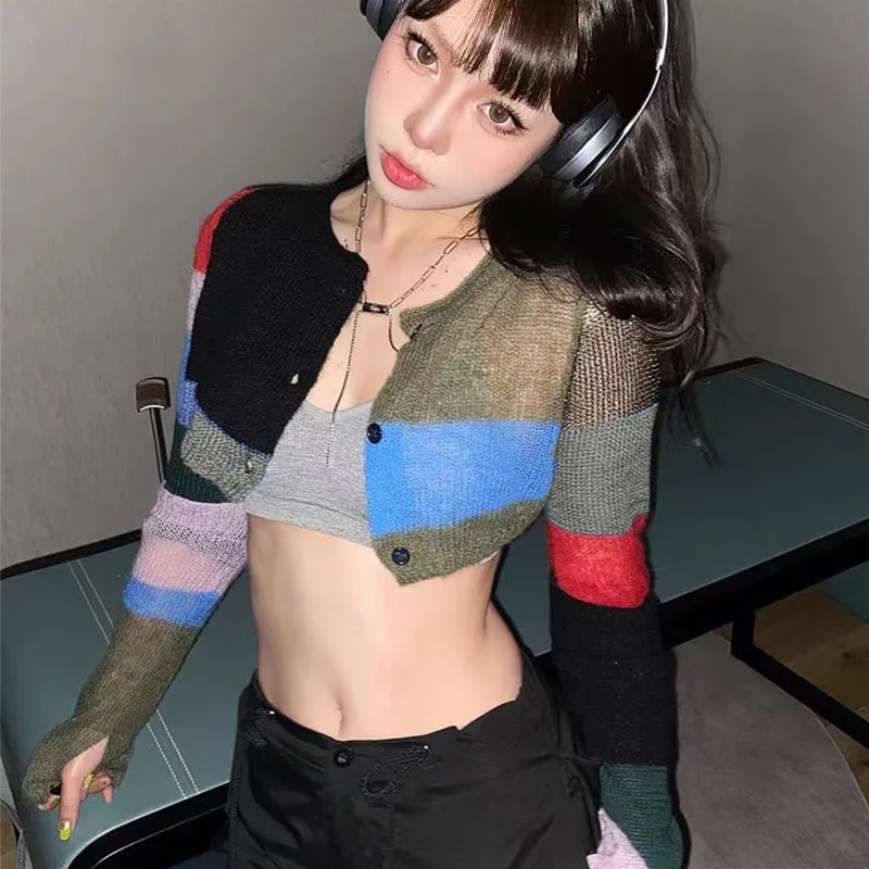 Karrram Y2k Aesthetics Crop Cardigan Harajuku Patchwork Knit Cardigan Grunge E-girl Short Sweater Korean Fashion Crop Top 00s