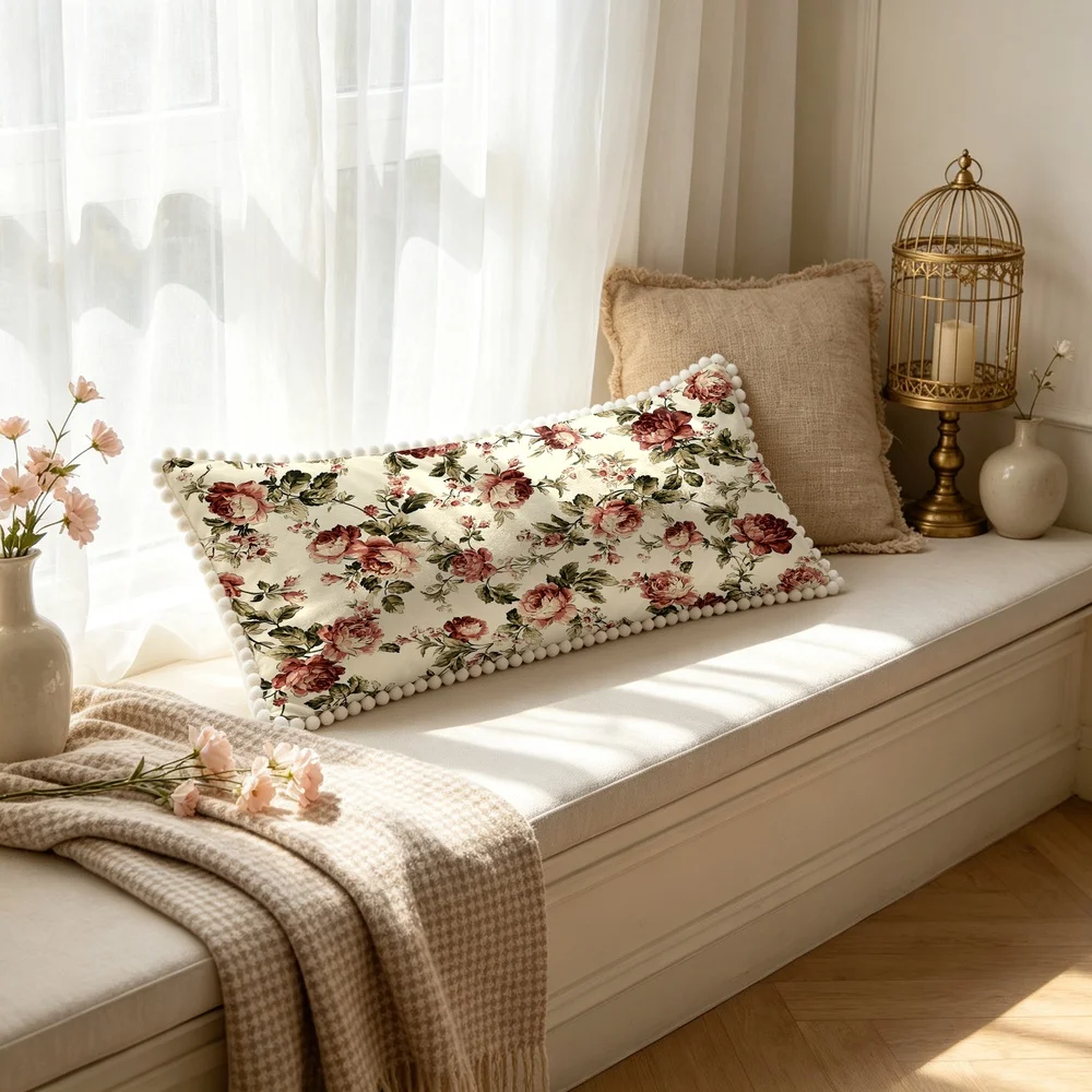 1PC Cream Background with Wine Red Large Peonies and Green Leaves, American Country Floral Long Pillow Cover with Pom Pom Trim