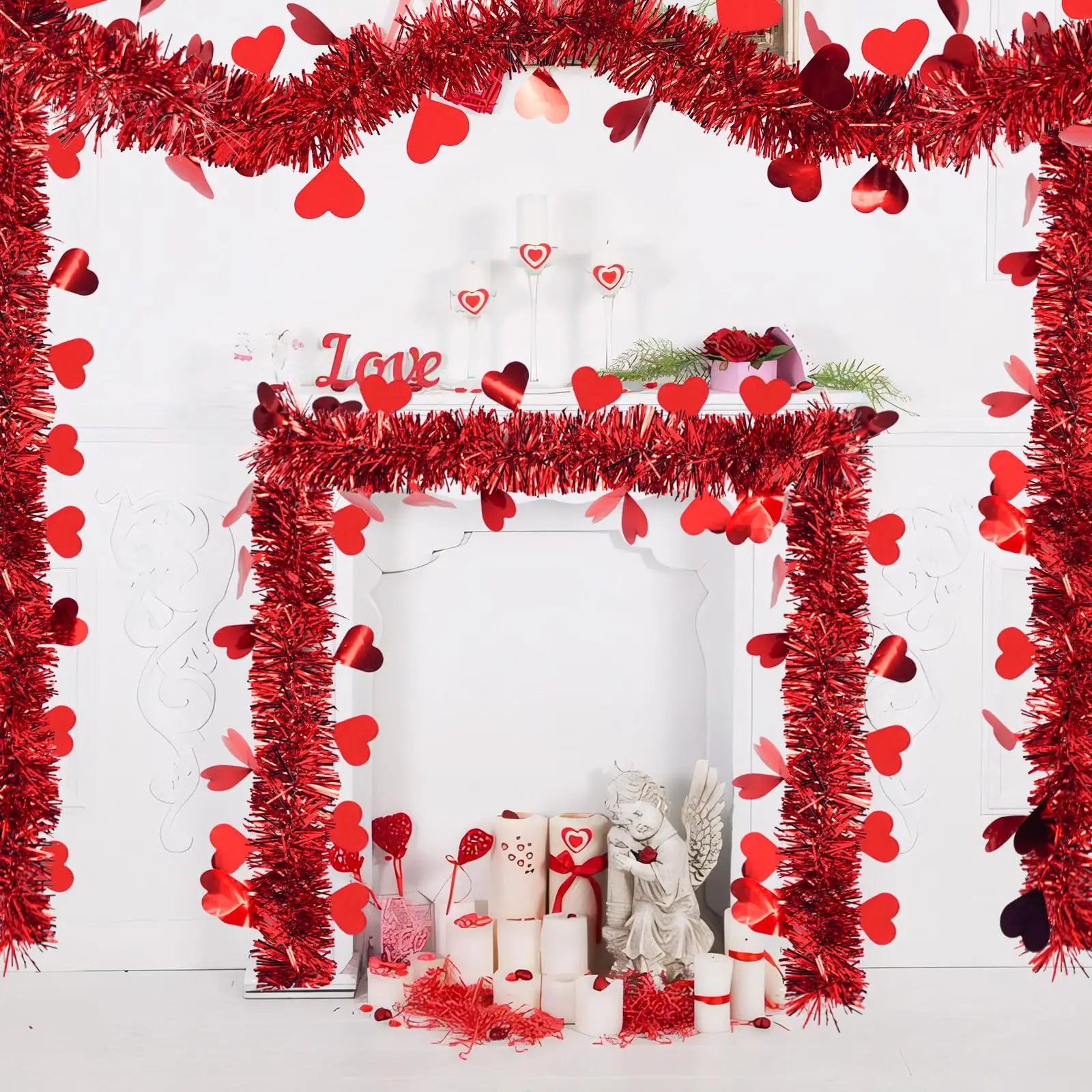Uflower 2M Valentinstag-Lametta-Girlande Rote Herz-Metallic-Girlande für Heim-, Hochzeits- und Partydekoration